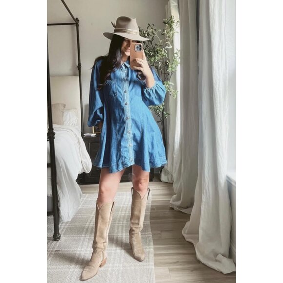 Women's Denim Dress X-Small Casual Long Puff Sleeves Button A-Line - Picture 2 of 8